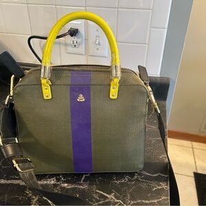 Orla Kiely Olive and Yellow Satchel with Purple Stripe